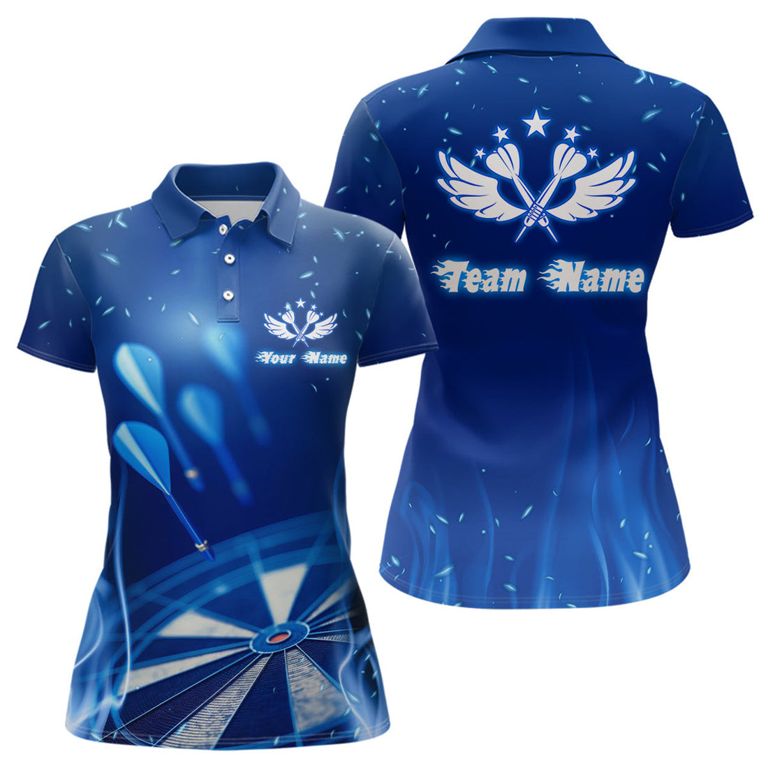 Custom Blue Fire Flame Star Darts Cool Dart Design Women's Polo Shirts S-5XL