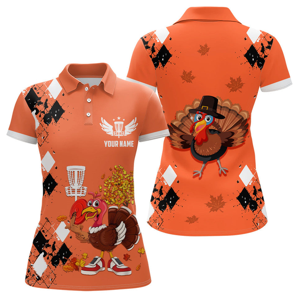 Custom Turkey Argyle Orange Thanksgiving Disc Golf Shirt Women's Polo Shirts S-5XL