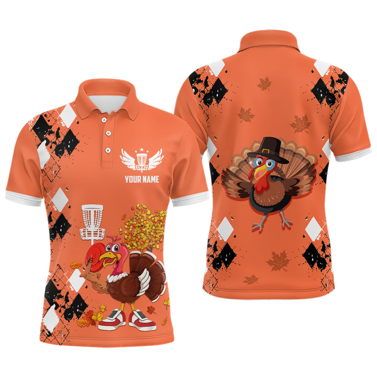 Turkey Bird Thanksgiving Disc Golf Argyle Orange Custom Men's Polo Shirt S-5XL