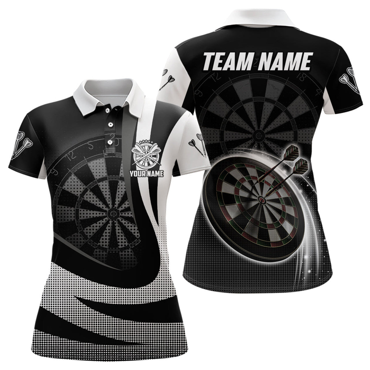 Custom Personalized Black White Cool Darts Team Women's Polo Shirts S-5XL