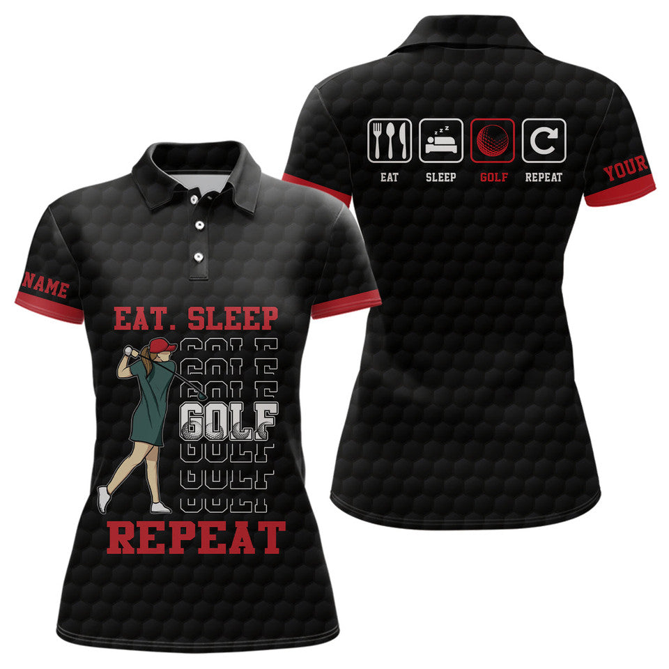 Custom Eat Sleep Golf Repeat Black Red Sporty Golf Top Women's Polo Shirts S-5XL