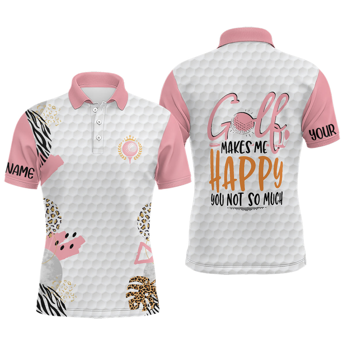 Golf Makes Me Happy Pink White Custom Leopard Pattern S-5XL Men's Polo Shirt
