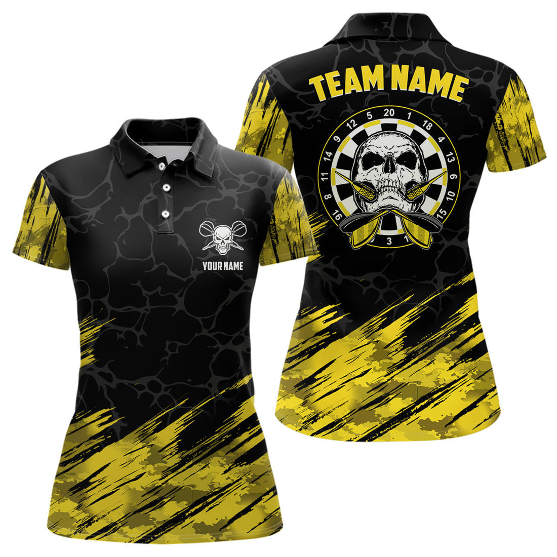 Custom Name Yellow Black Skull Darts Design for Women Women's Polo Shirts S-5XL