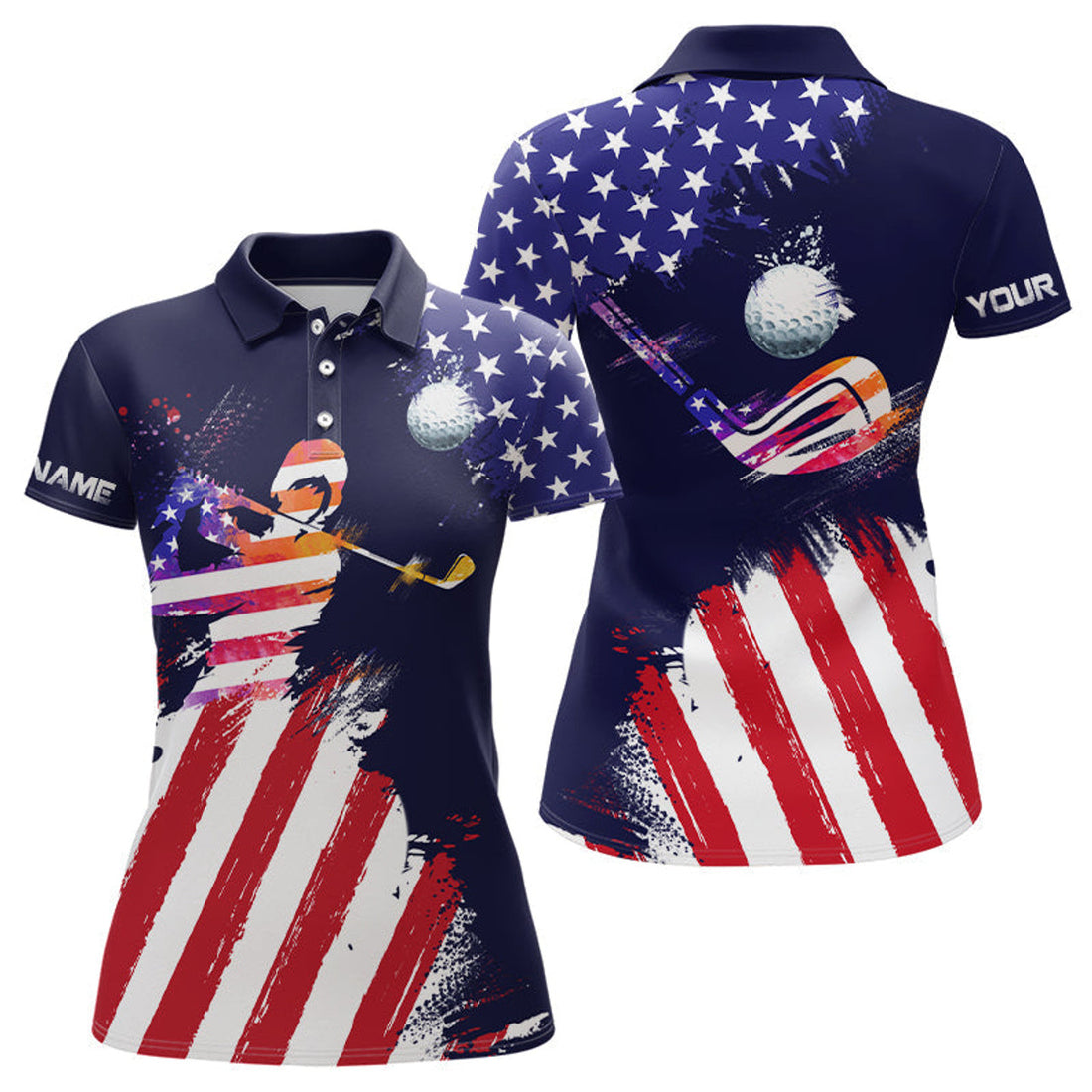 Custom Watercolor American Flag Patriotic Design Golf Women's Polo Shirts S-5XL
