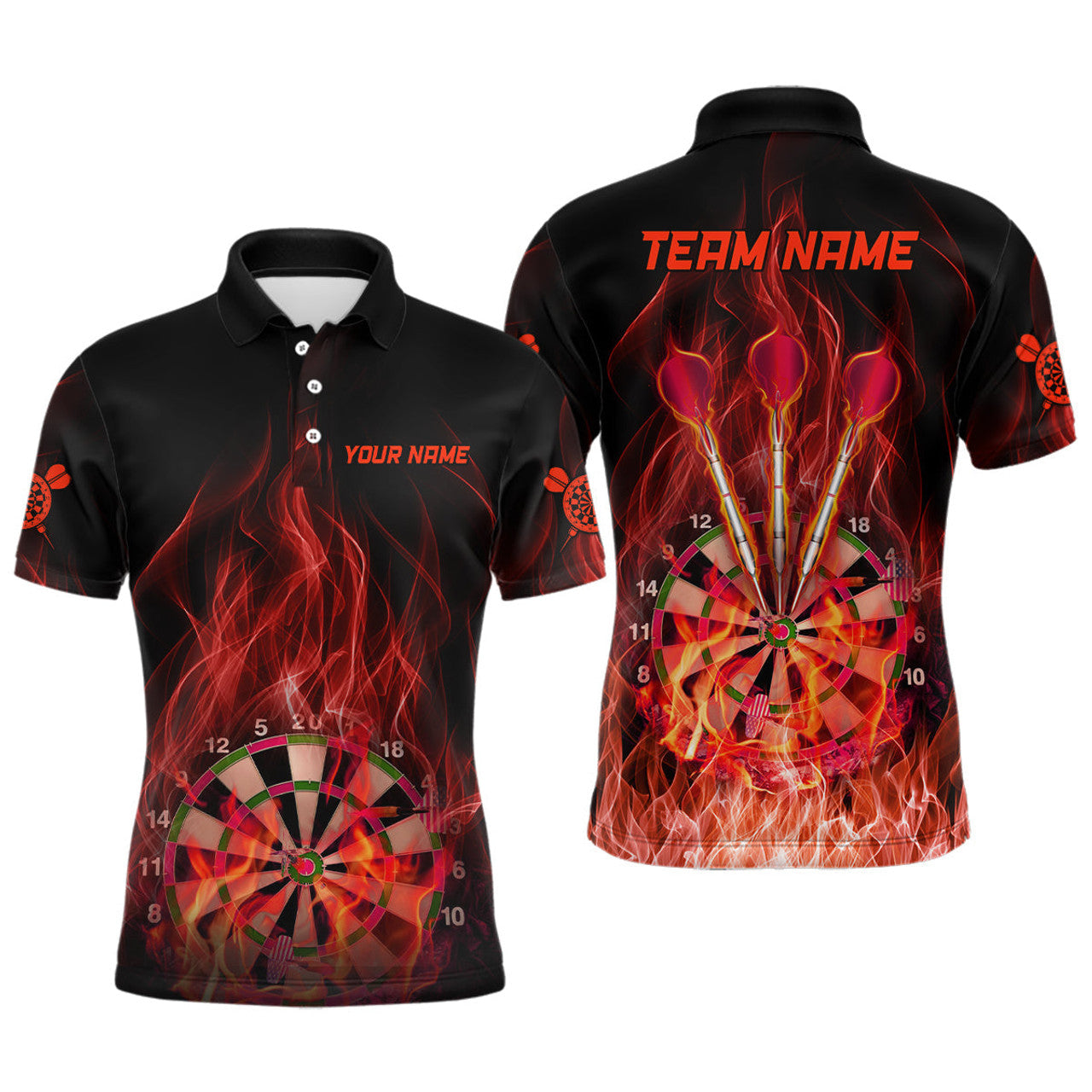 Custom Name Red Fire Flame Dartboard Darts Jersey Men's Polo Shirt S-5XL