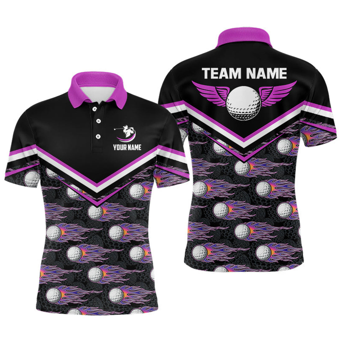 Personalized Pink Fire Golf Ball Polo Shirt Golfing Gift Men's Polo Shirt S-5XL