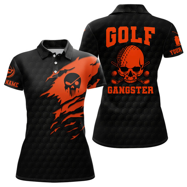 Custom Black Orange Golf Skull Shirt Scary Golf Design Women's Polo Shirts S-5XL
