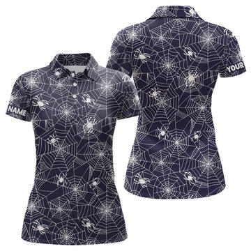 Custom Spooky Spiders Cobweb Navy Halloween Golf Shirt Women's Polo Shirts S-5XL