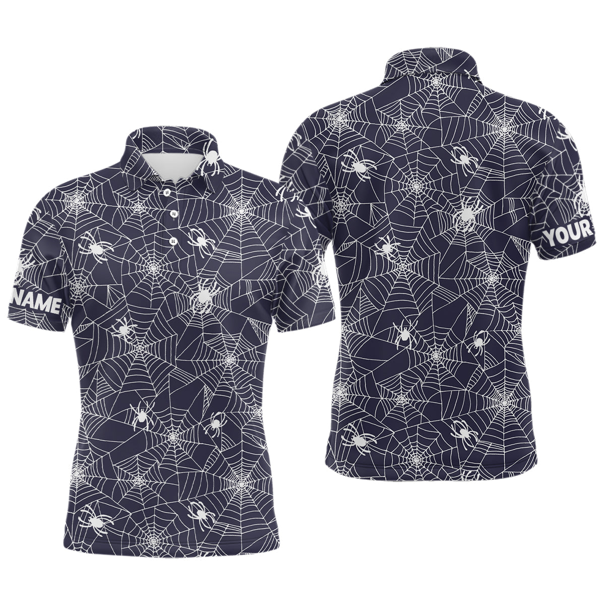 Spooky White Spiders Cobweb Navy Halloween Golf Polo Shirt Men's S-5XL