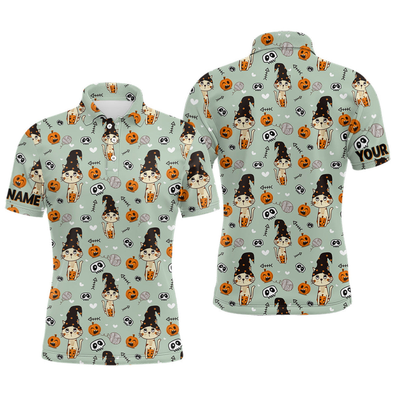 Cute Cat Seamless Halloween Pattern Green Golf Shirt Men's Polo Shirt S-5XL