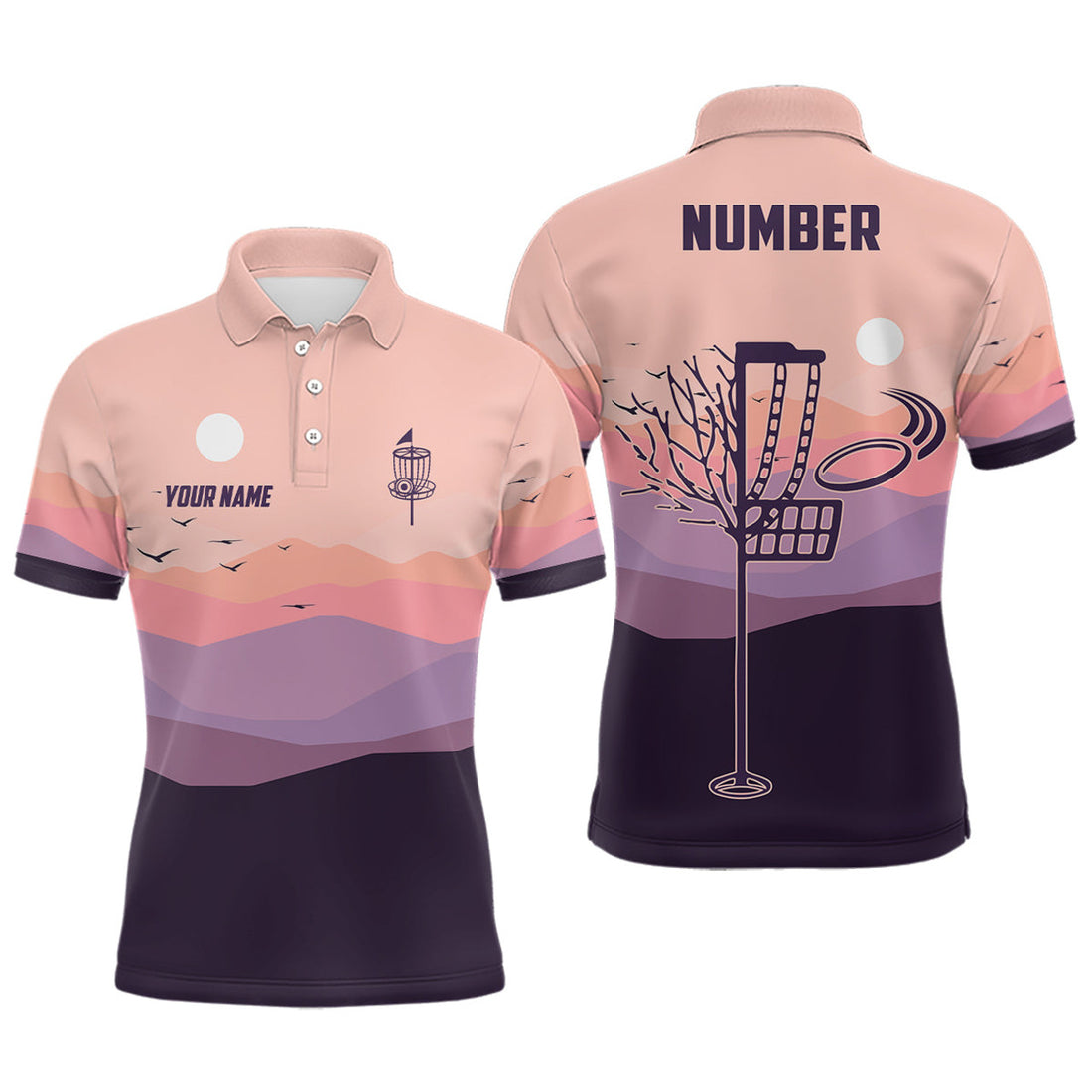 Custom Flat Mountain Sunset Landscape Disc Golf Shirt Men's Polo Shirt S-5XL