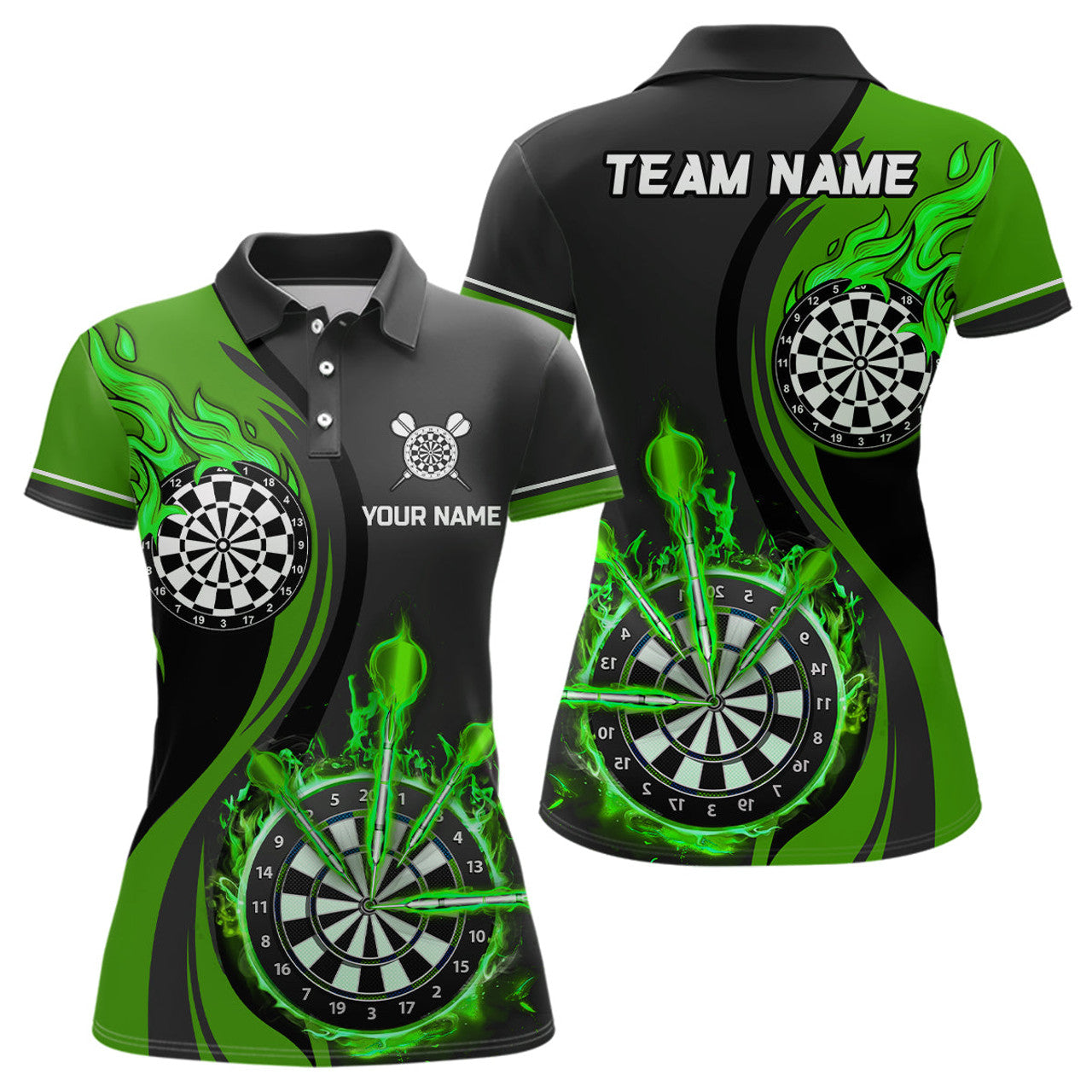 Custom Black Green Fire Flame Darts for Women's Polo Shirt S-5XL