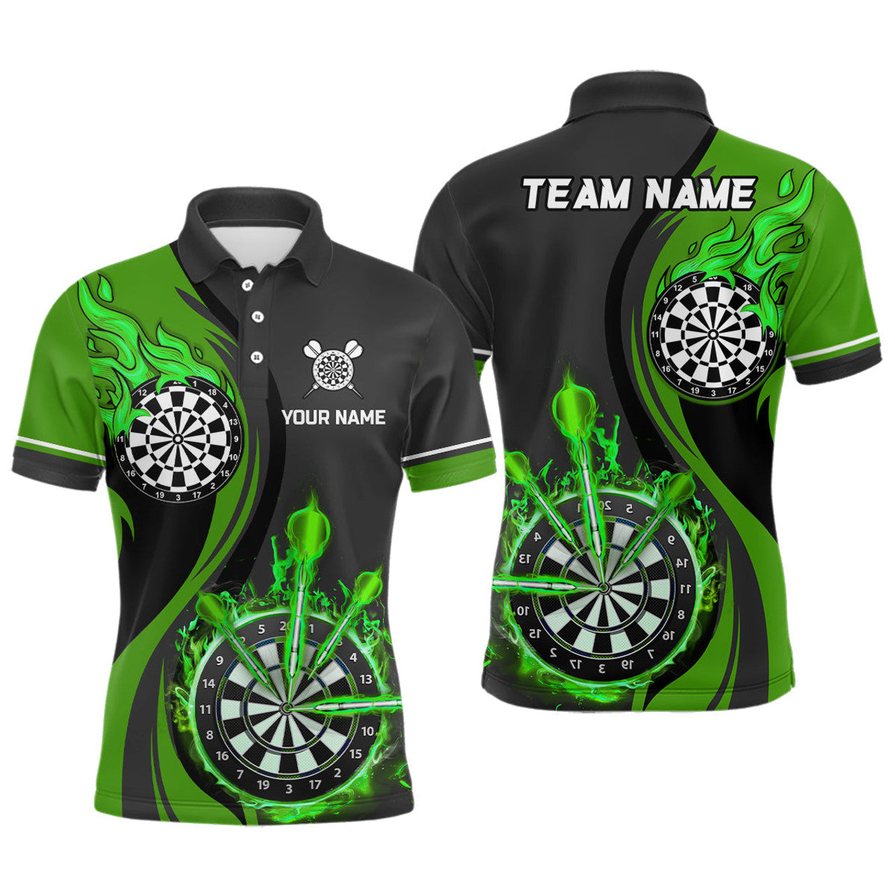 Custom Green Fire Flame Darts Shirt for Men Dart Jerseys Men's Polo Shirt S-5XL