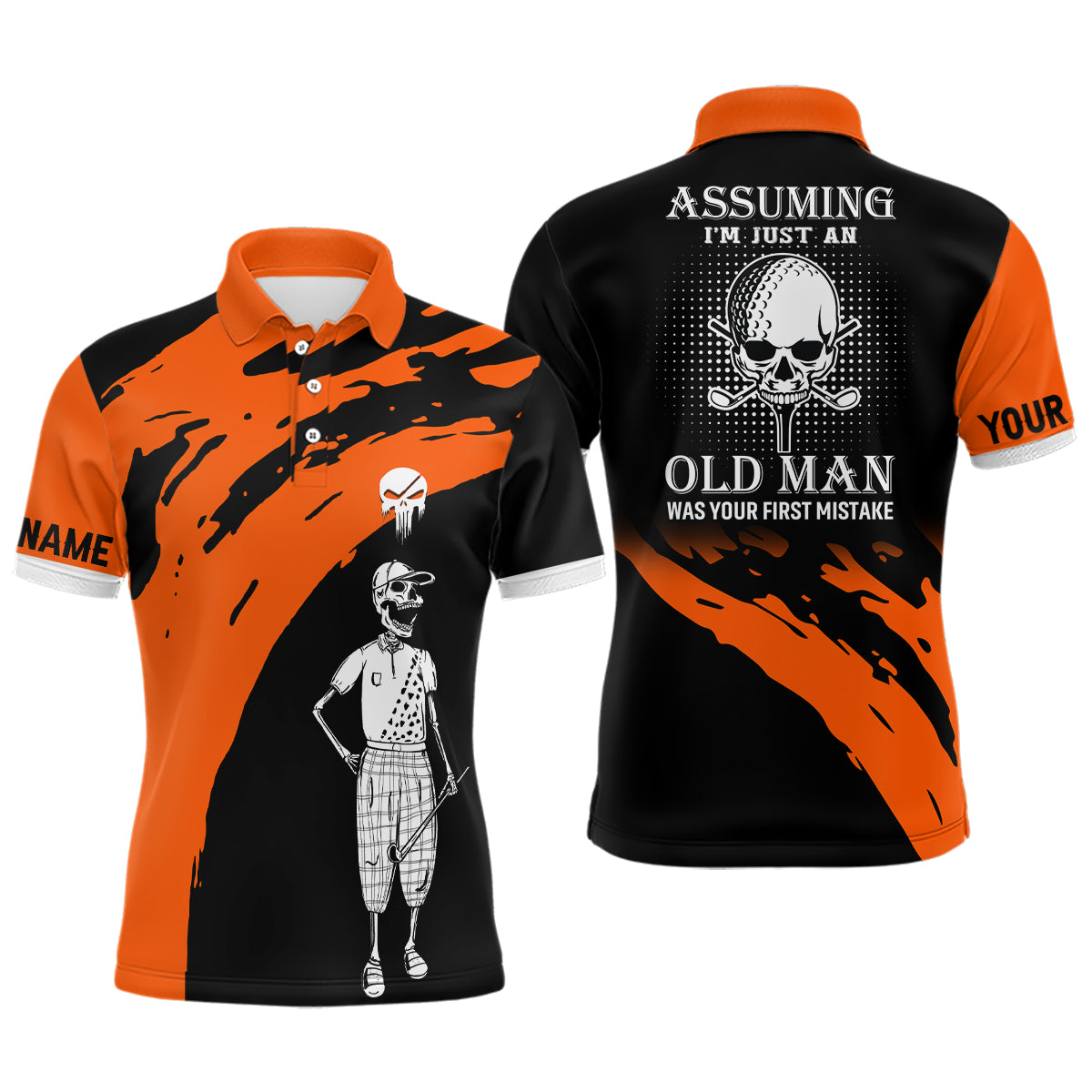 Orange And Black Skull Golf Polo Custom Golf Polos For Men Men's Polo Shirt S-5XL