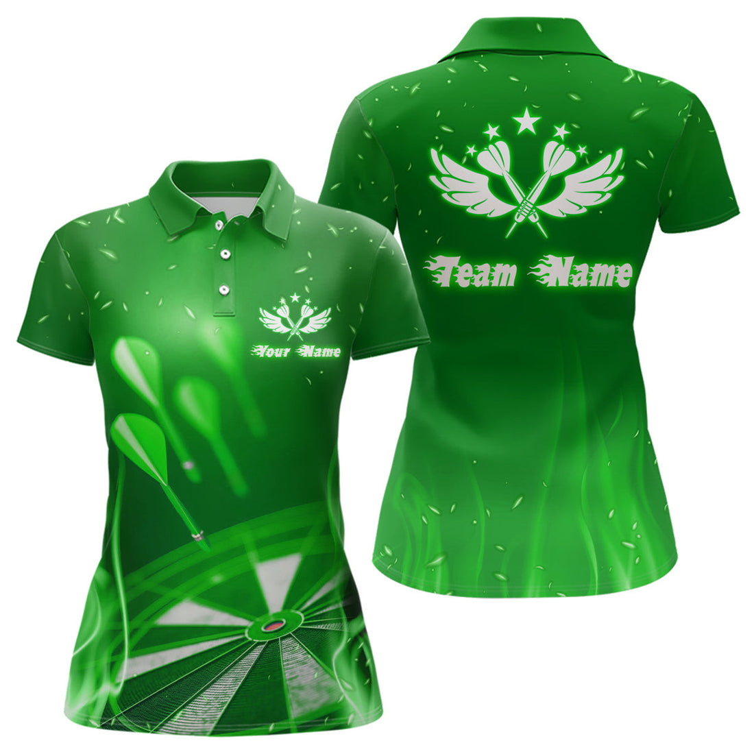 Custom Green Fire Flame Star Personalized Darts for Women's Polo Shirts S-5XL
