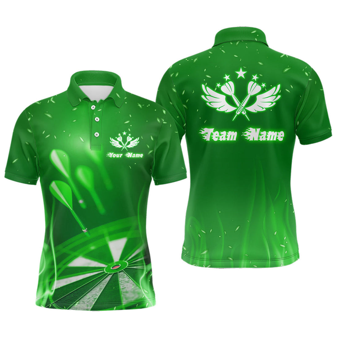 Custom Green Fire Flame Star Darts Jersey Men's Polo Shirt S-5XL
