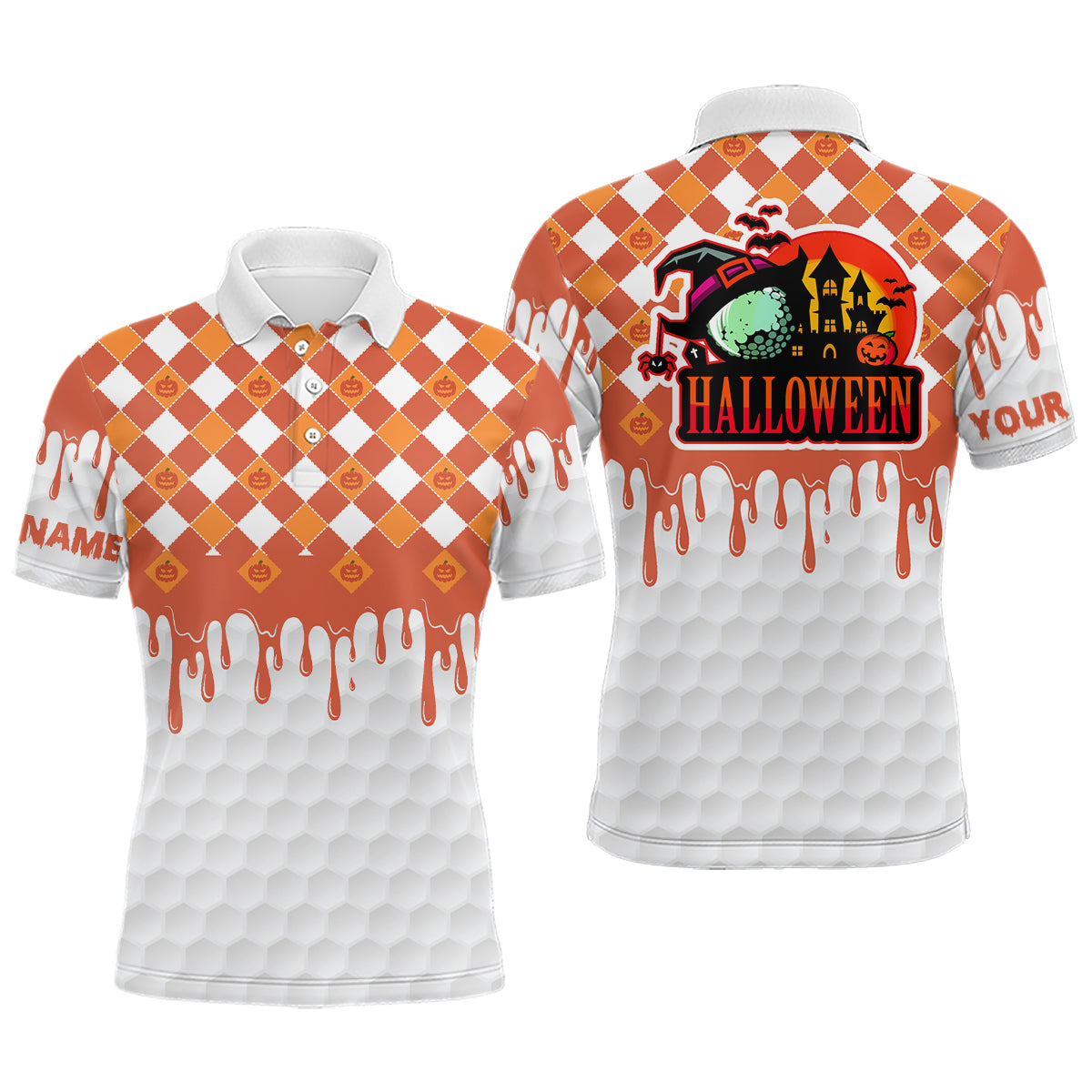Happy Halloween Orange White Pumpkin Custom Skull Golf Shirt Men's Polo Shirt