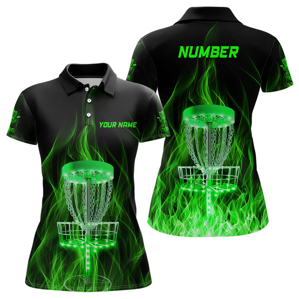 Custom Green Fire Flame Disc Golf Basket for Golf Gifts Women's Polo Shirts S-5XL