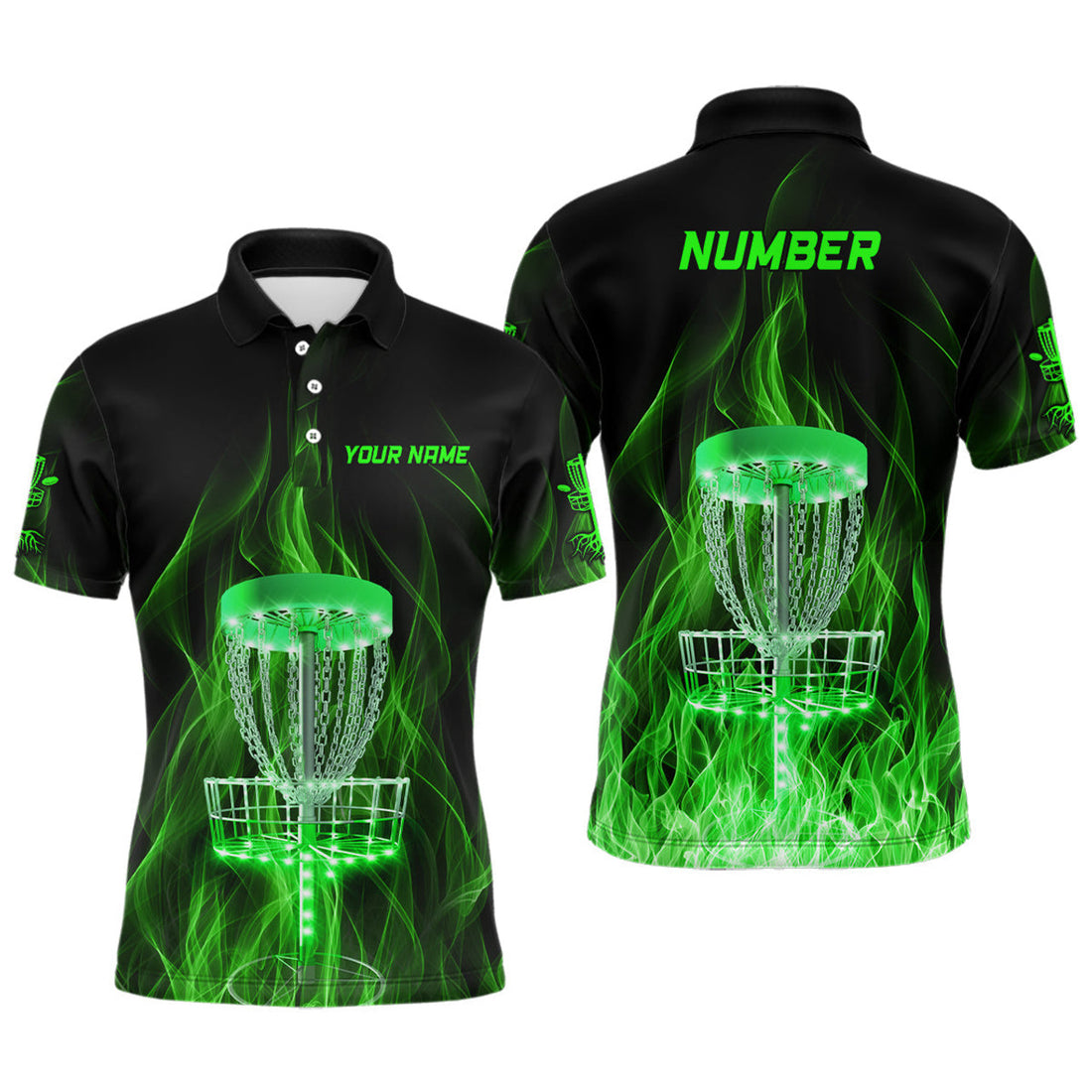 Custom Green Fire Flame Disc Golf Shirt Golf Gift Men's Polo Shirt S-5XL