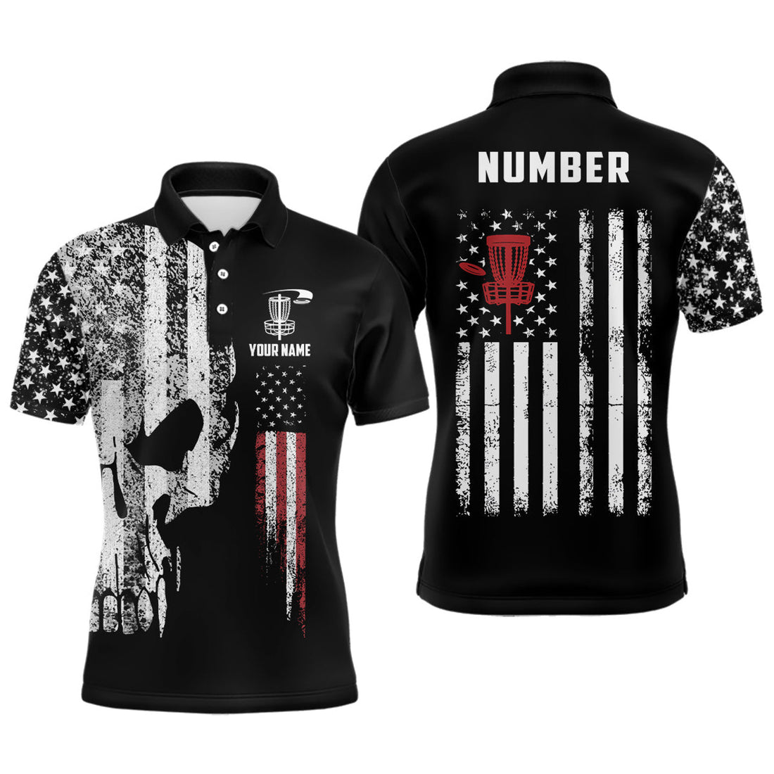 Custom Patriotic Disc American Flag Skull Golf Gifts Men's Polo Shirt S-5XL
