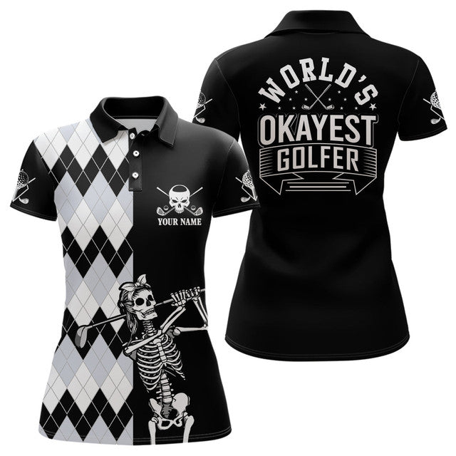 Custom Skull Funny Black White Argyle Golf Gift Women Women's Polo Shirts S-5XL