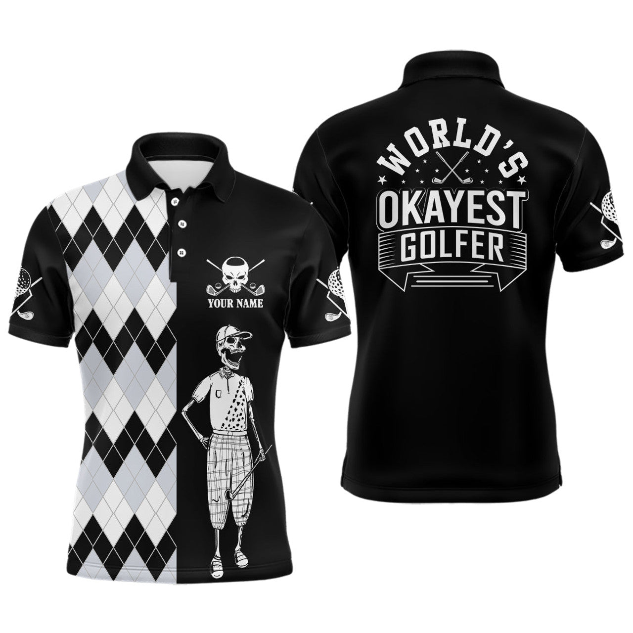 Skull Funny Golf Custom Name Argyle Golf Gifts Men's Polo Shirt S-5XL
