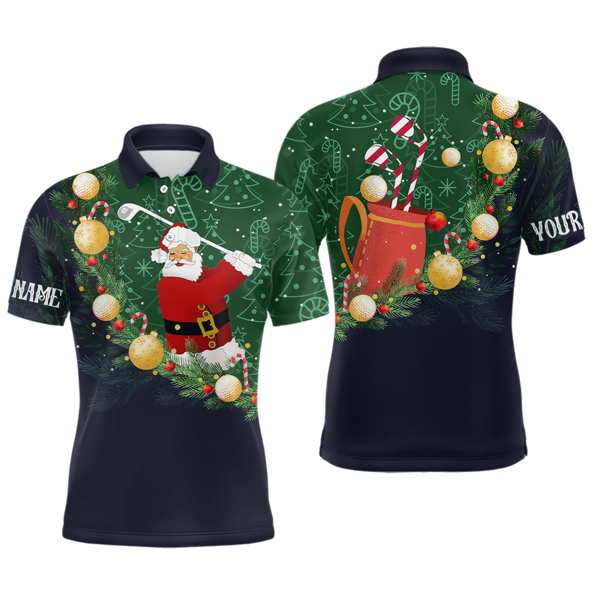 Santa Playing Golf Navy Christmas Golf Shirt S-5XL Men's Polo Shirt
