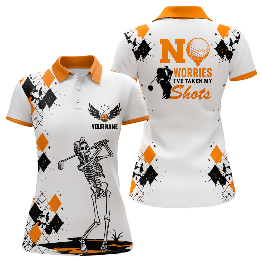 Custom Skull Golf with Argyle Pattern Orange Halloween Gift Women's Polo Shirts S-5XL