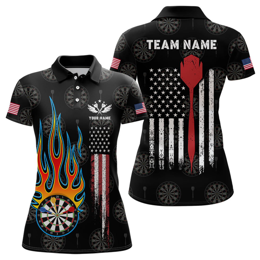 Custom Flame Darts American Flag Patriotic Dart for Women's Polo Shirts S-5XL