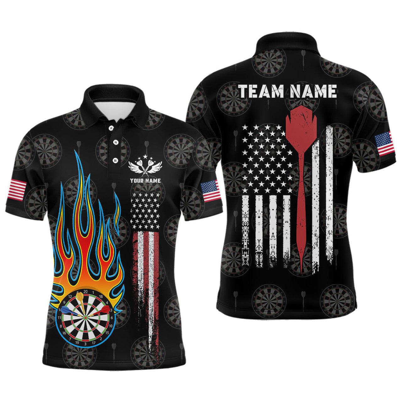Custom Name Flame Darts American Flag Dart Jersey Men's Polo Shirt S-5XL