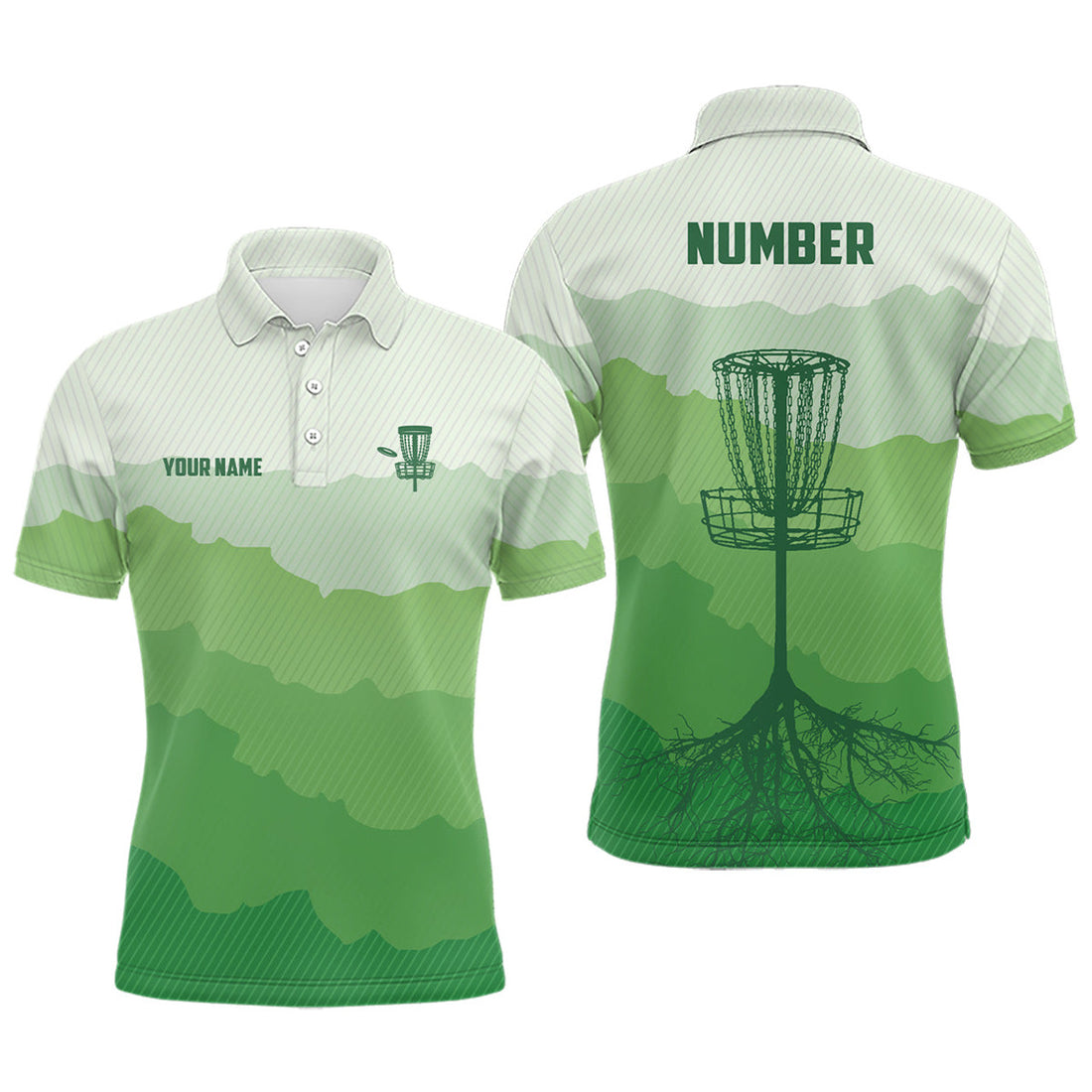 Custom Green Sunset Disc Golf Basket Number Shirt Men's Polo Shirt S-5XL