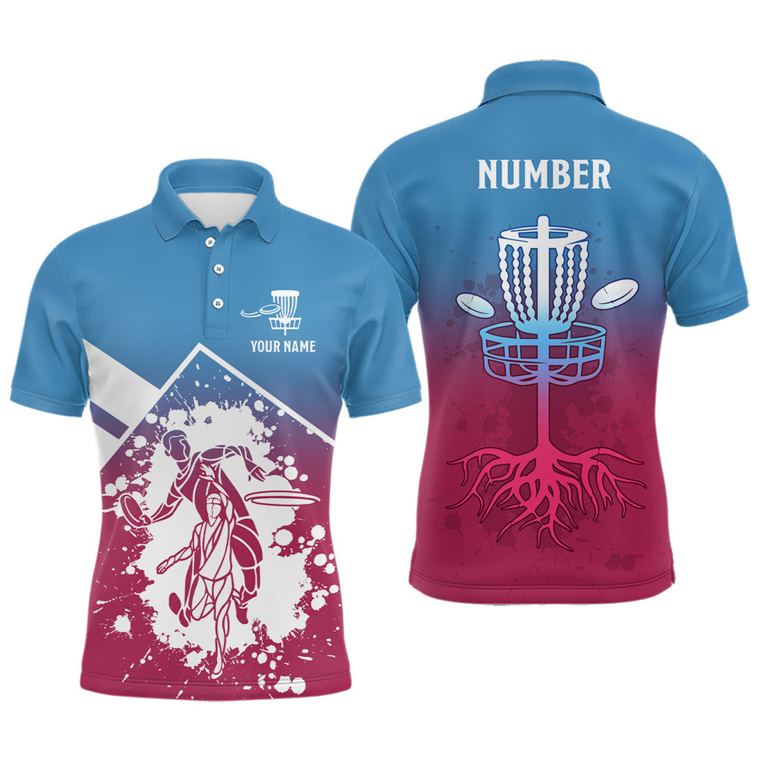 Custom Pink Blue Silhouette Disc Golf Shirt Men's Polo Shirt S-5XL