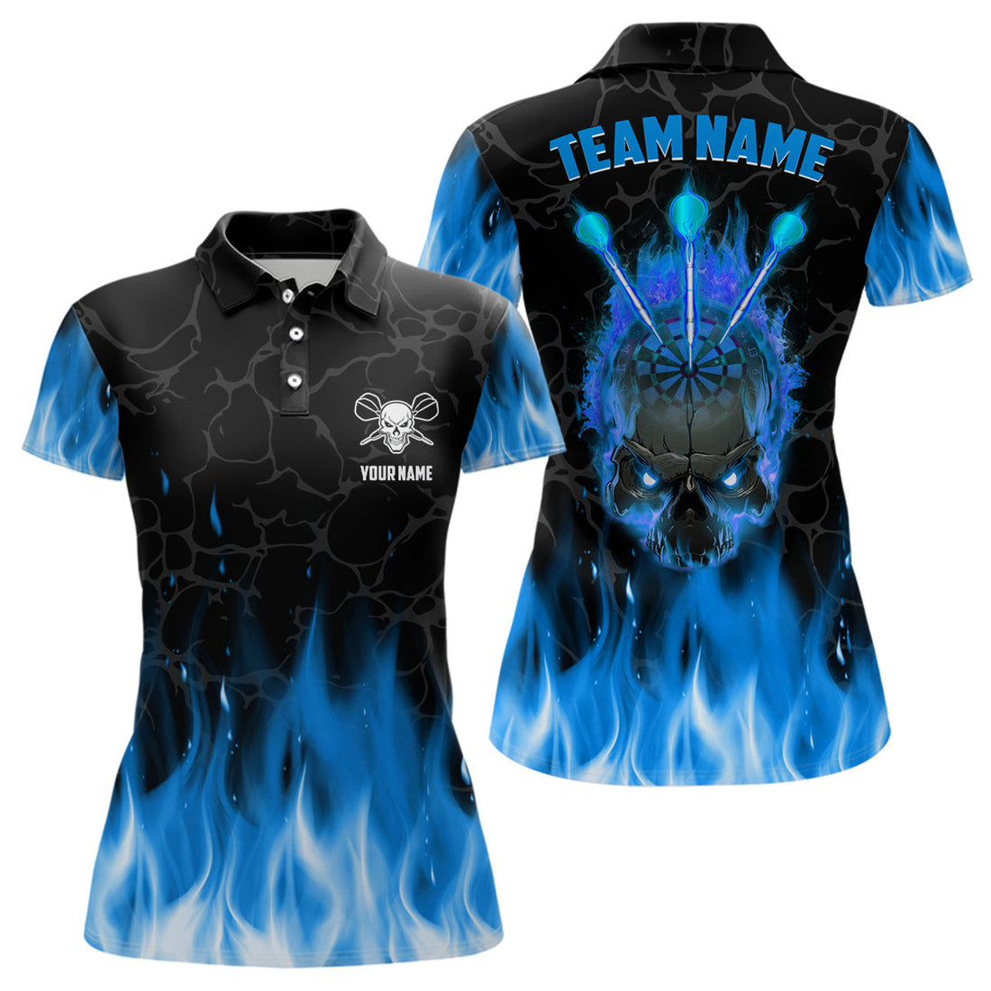 Custom Blue Flame Skull Darts Scary Design For Women's Polo Shirt S-5XL