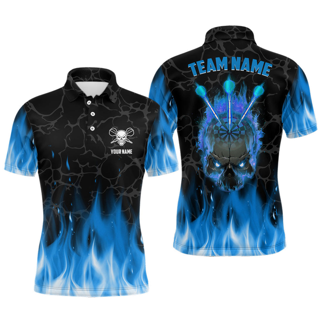 Custom Name Blue Flame Skull Scary Darts Jersey Men's Polo Shirt S-5XL
