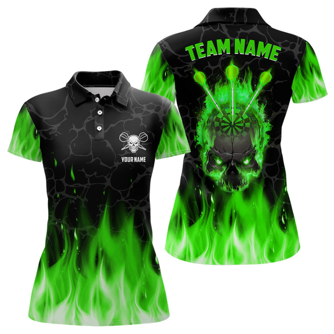 Custom Green Flame Skull Darts Scary Design Women's Polo Shirt S-5XL