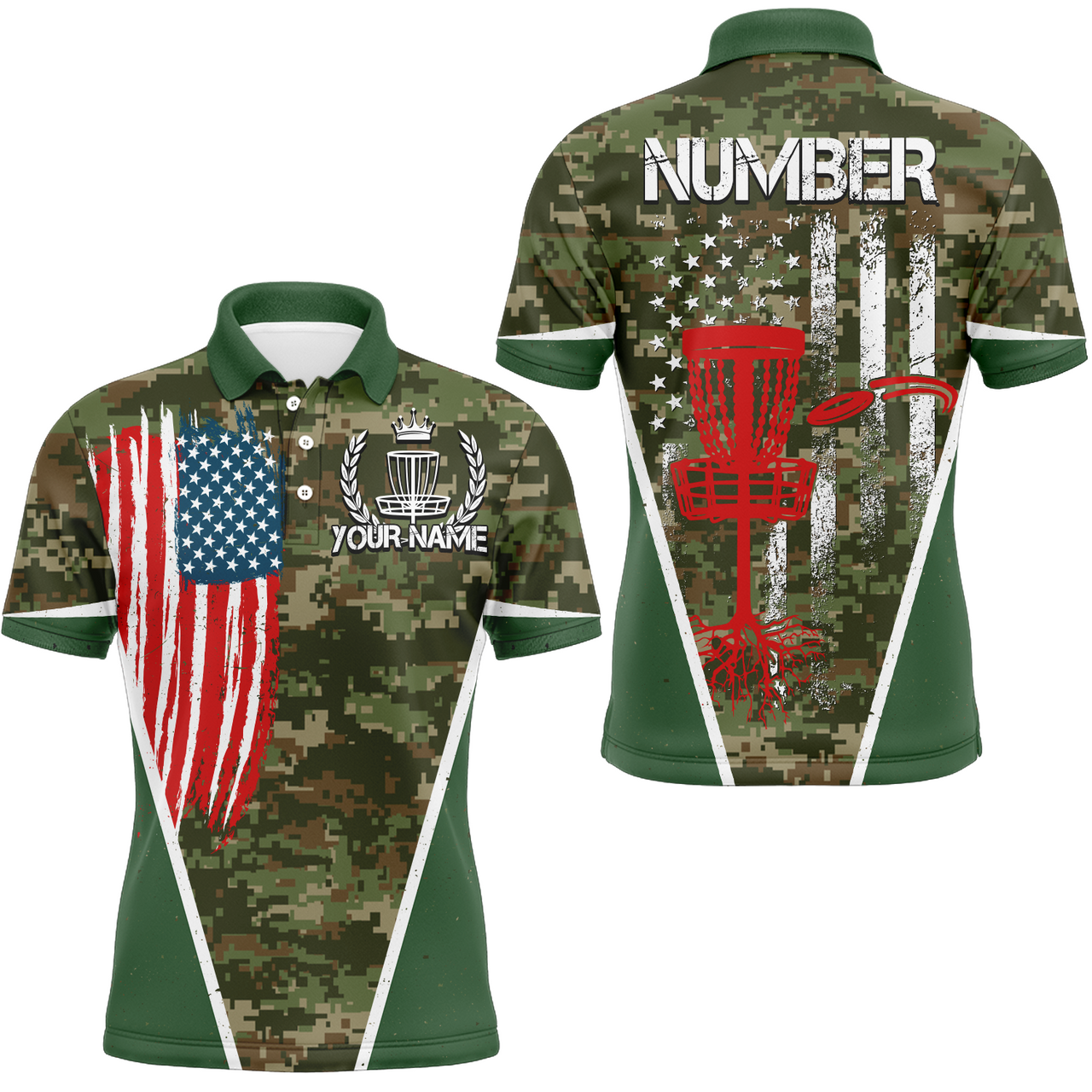 Green Camouflage USA Flag Patriotic Disc Golf Men's Polo Shirt S-5XL
