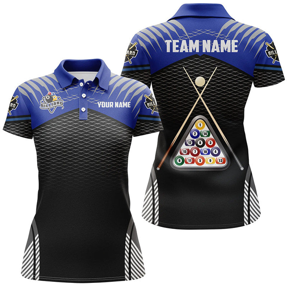 Custom Name 8 Ball Billiard Blue Black Sport Style 3D Women's Polo Shirts S-5XL