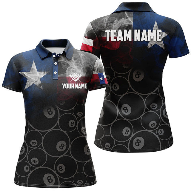 Custom Vintage Smoke Texas Flag 8 Ball Pool Team Women's Polo Shirts S-5XL