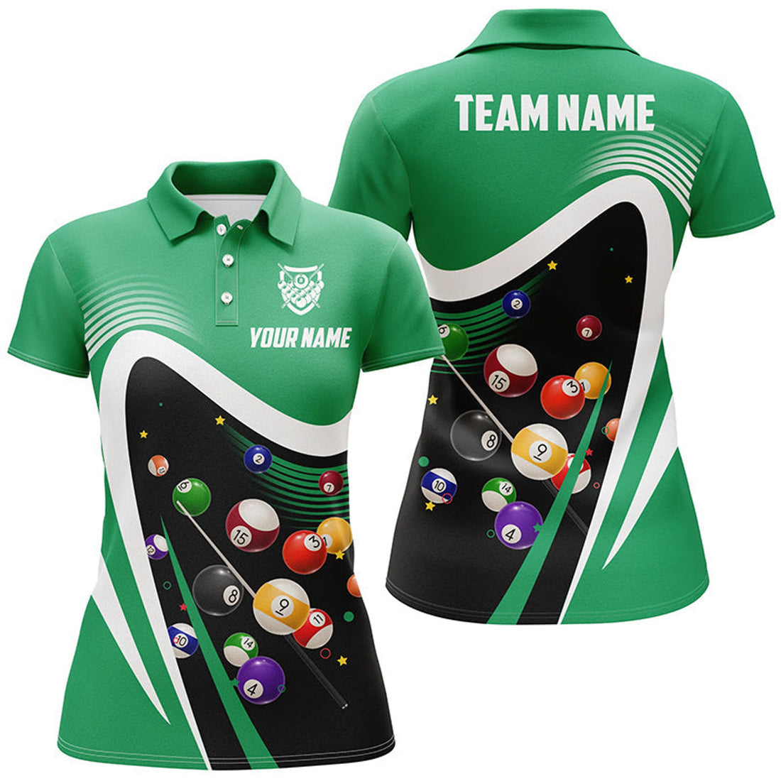 Custom 3D Green Sport Billiard Team 8 Ball Design Women's Polo Shirts S-5XL