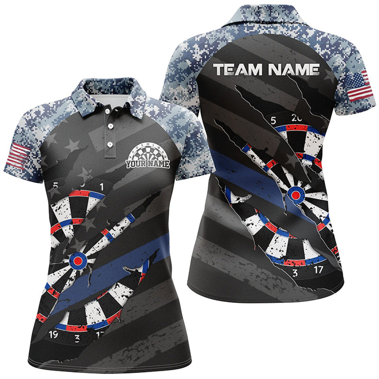 Custom Personalized Retro Camo Blue Dart for Women's Polo Shirts S-5XL