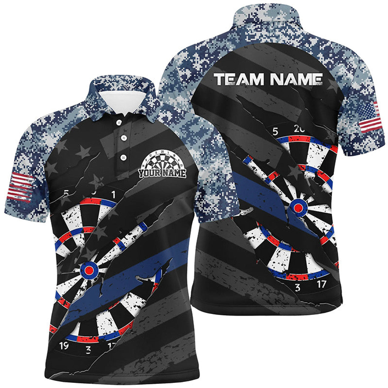 Custom American Flag Retro Camo Blue Dart Jersey Men's Polo Shirt S-5XL