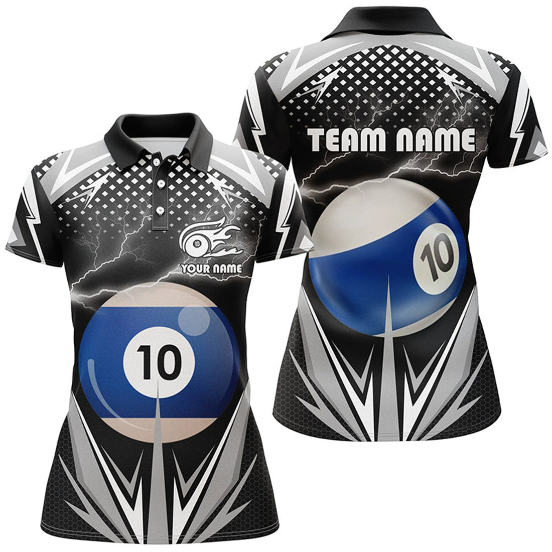Custom Name Thunder Black 10 Ball Billiard Team Polo Shirts Women's Polo Shirts S-5XL