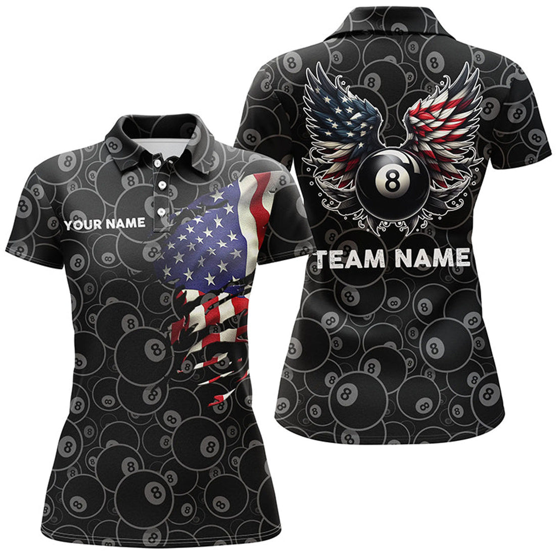 Custom US Flag 8 Ball Billiard 3D Funny Wings Women's Polo Shirts S-5XL