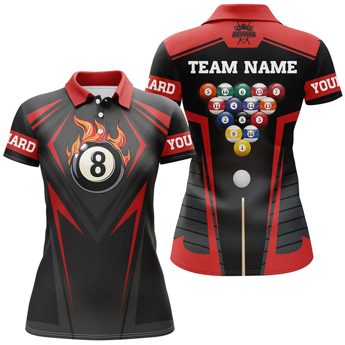 Custom Name Red Fire 8 Ball Billiard Pool Team 3D Design Women's Polo Shirts S-5XL
