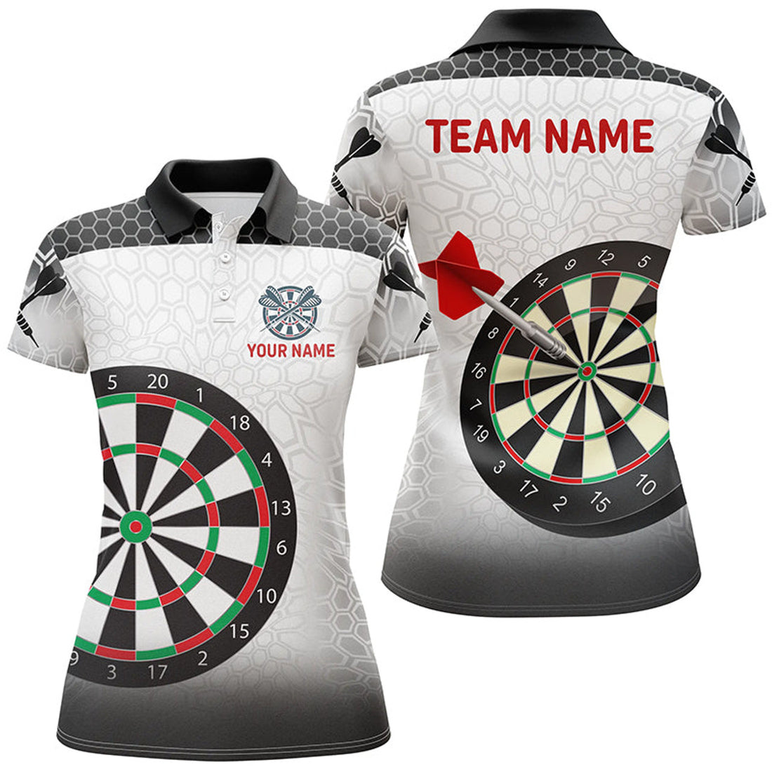 Custom Personalized Black White Dart Team Apparel for Women's Polo Shirts S-5XL