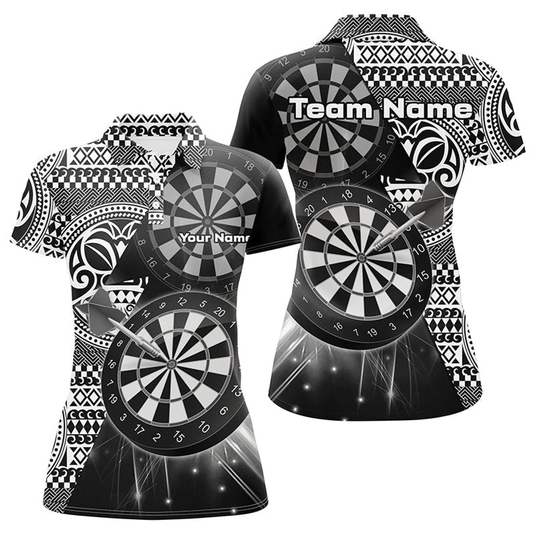 Custom Name Tribal Dart Team Shirt Black White Design Women's Polo Shirts S-5XL
