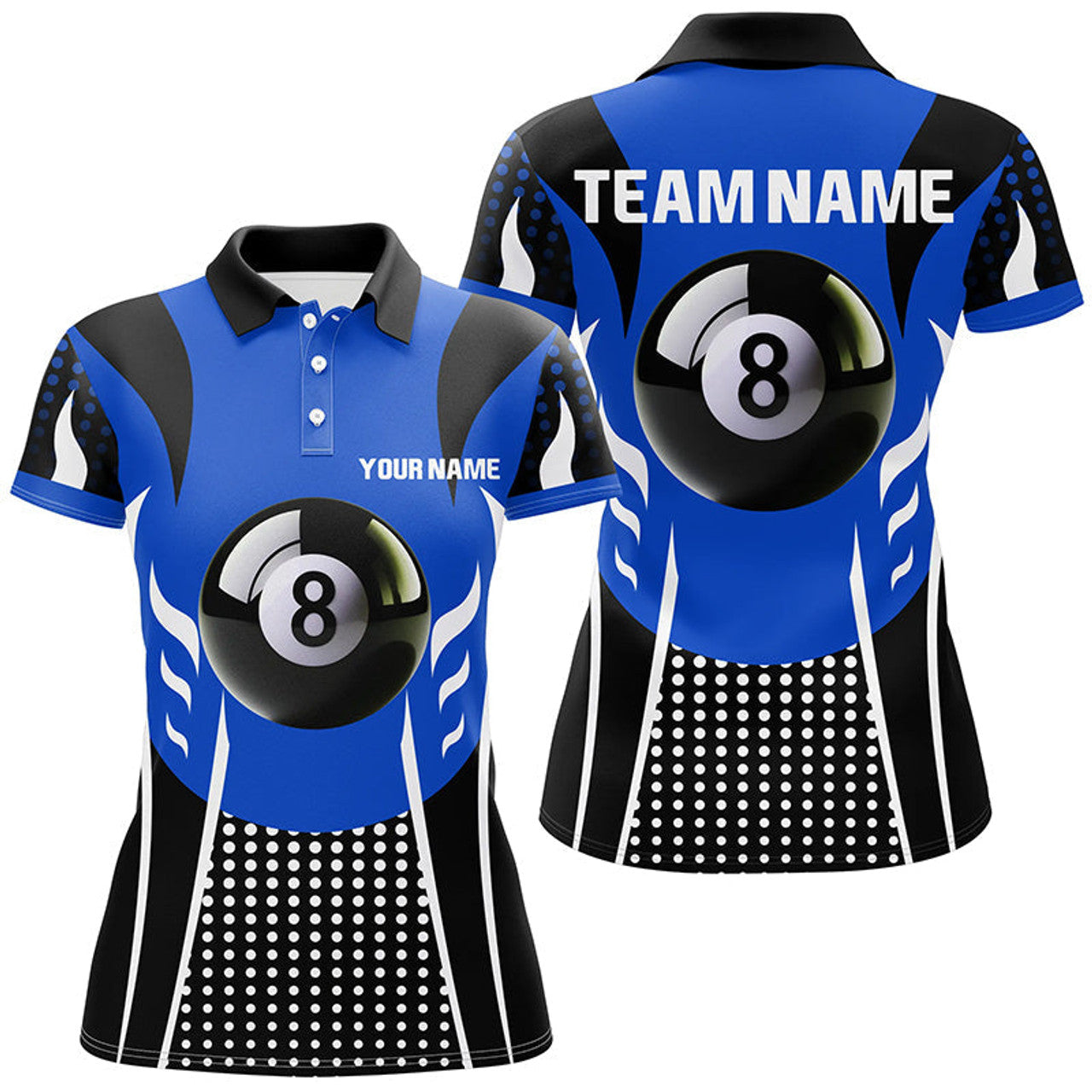 Custom Name Blue Black 8 Ball Pool Billiard Design Women's Polo Shirts S-5XL