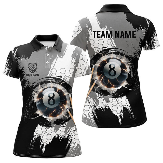 Custom Black Grey Lightning 8 Ball Billiards 3D Shirts Women's Polo Shirts S-5XL