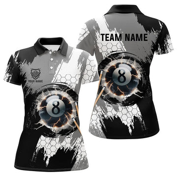 Custom Black Grey Lightning 8 Ball Billiards 3D Shirts Women's Polo Shirts S-5XL
