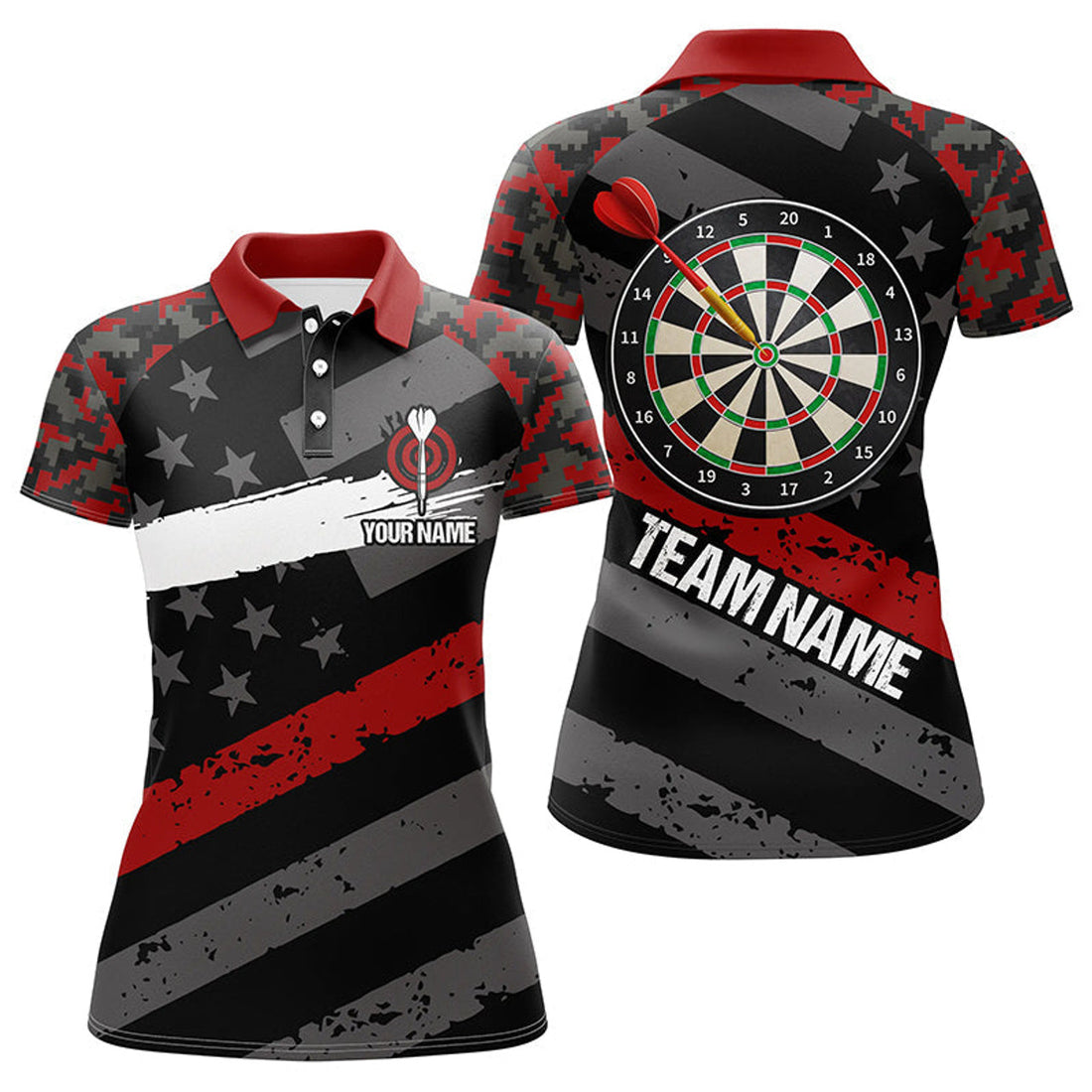 Custom Red Camo American Flag Darts Shirt Patriotic Women's Polo Shirts S-5XL